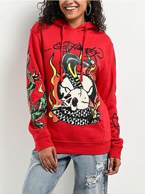 NEW Ed Hardy Flame Cobra Tattoo Graphic Red Hoodie Sweatshirt Large